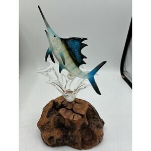 Glass Baron Blue Marlin Sailfish Art Glass Figurine Burl Wood Base 1999 #M6234